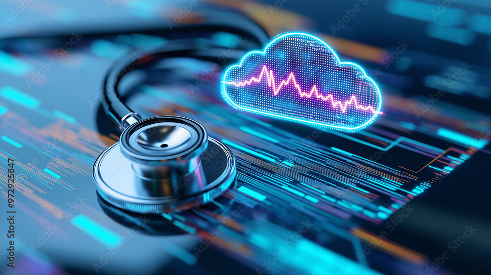 Poster a close-up of a stethoscope with a transparent digital cloud hovering above, displaying a vibrant he