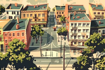 Obraz premium Colorful Illustration of Cityscape with Buildings and Trees