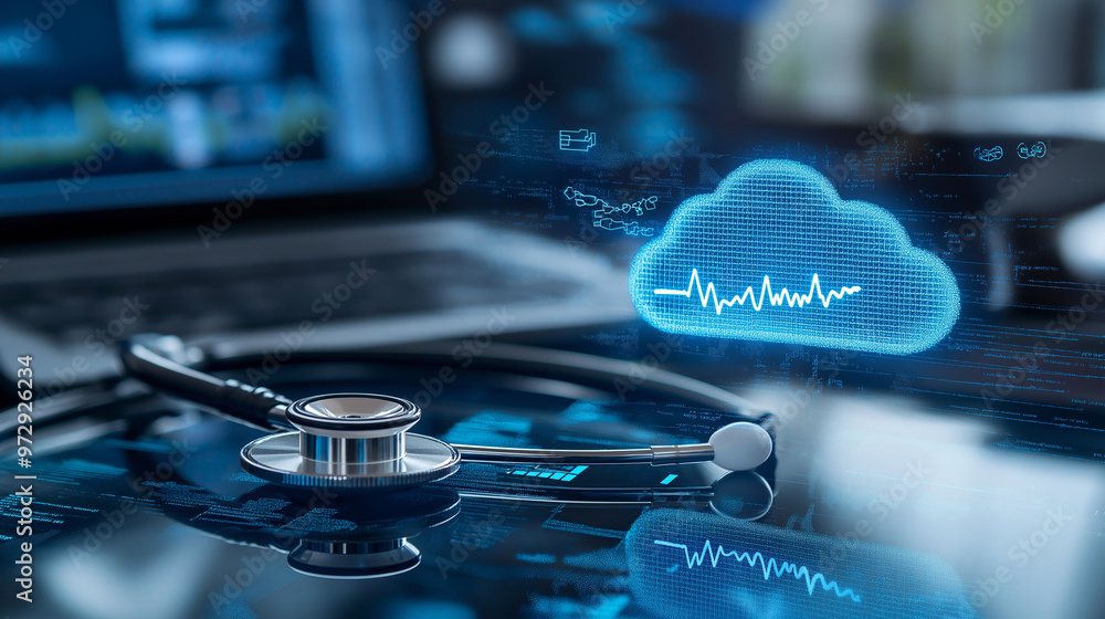 Aufkleber a stethoscope lying on a table with a holographic digital cloud and heartbeat graph above it, repres