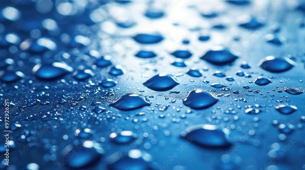 Poster a close-up of blue water droplets on a smooth surface, with the blue color and the reflection of lig