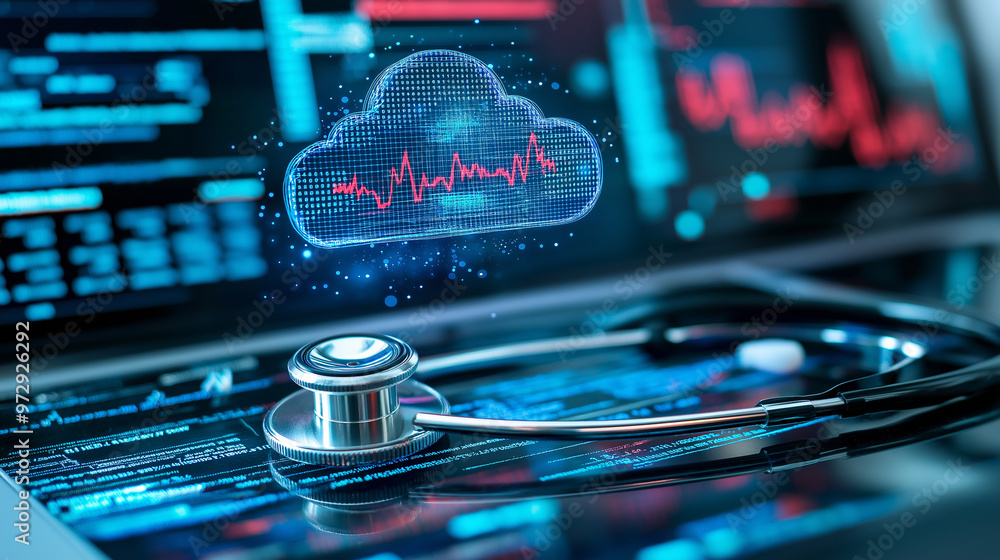 Poster a stethoscope lying on a table with a holographic digital cloud and heartbeat graph above it, repres