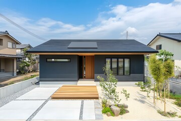 Modern Black and Wood Home Exterior Design with Stone Patio