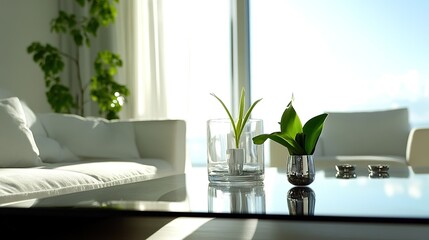 Bright and airy living room with green plants and modern decor bathed in sunlight during daytime