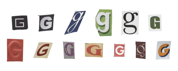 Set of isolated cut-out letter “G” from magazines on a transparent background, retro y2k style