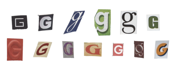 Set of isolated cut-out letter “G” from magazines on a transparent background, retro y2k style
