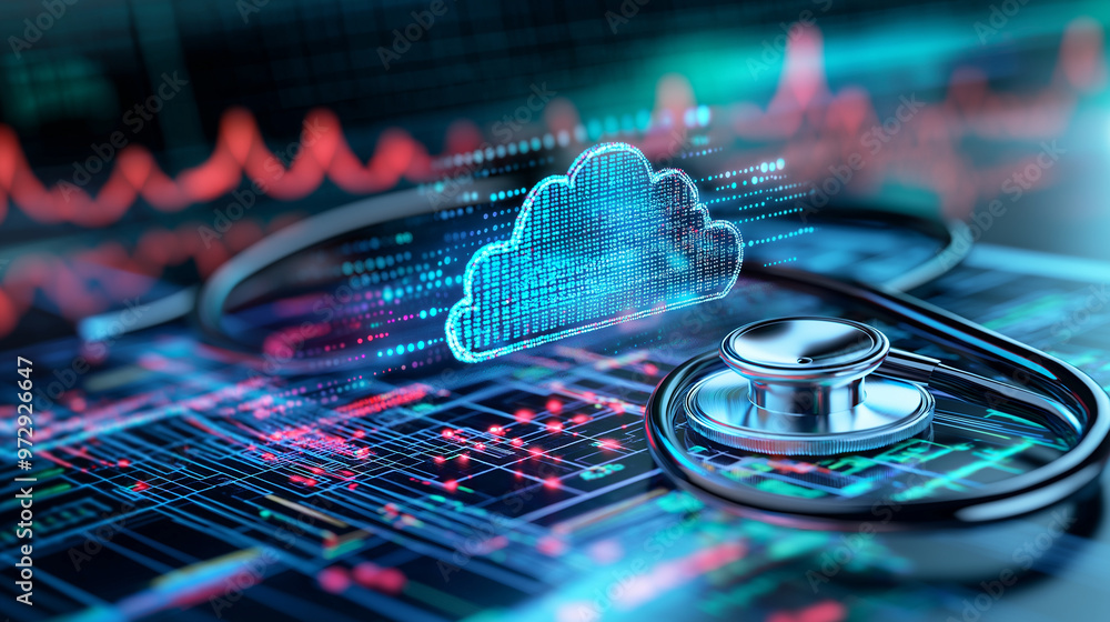 Aufkleber a stethoscope connected to a digital cloud, with a heartbeat graph running through the cloud like a 