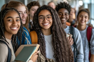 Group of diverse high school students smiles together in a bright hallway during a sunny afternoon after classes