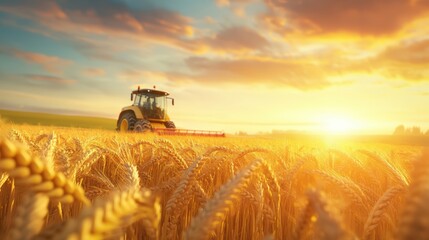 Fototapeta premium Golden Wheat Field at Sunset with Tractor
