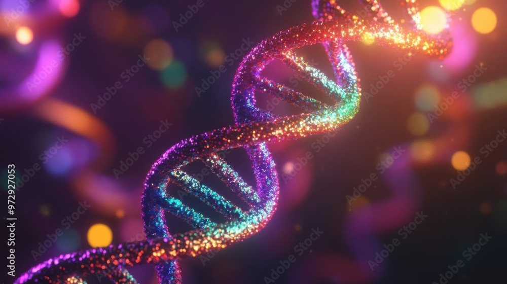 Wall mural colorful abstract visualization of dna double helix strands in glowing light setting presenting gene