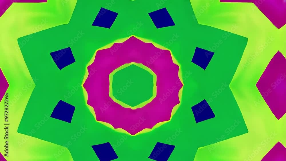 Poster colorful kaleidoscope patterns form various geometric shapes against a vibrant green screen backgrou