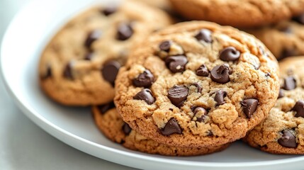 A close-up of freshly baked cookies with chocolate chips, arranged neatly on a white plate, highlighting their golden-brown color and gooey texture.