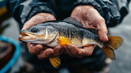 Obraz premium intimate moment of a fisherman holding a fish, illustrating the relationship between anglers and their natural environment