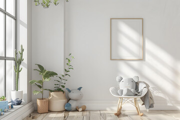Mockup posters in child room interior,Scandinavian style children room 3D render mockup. Generative Ai.
