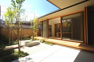Fototapeta premium Modern Japanese Backyard with Wooden Deck and Stone Pond