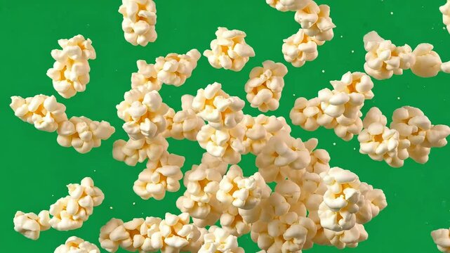 Popping popcorn expands against a vibrant green screen backdrop, ideal for food and beverage advertisements or any project seeking a lively and playful touch