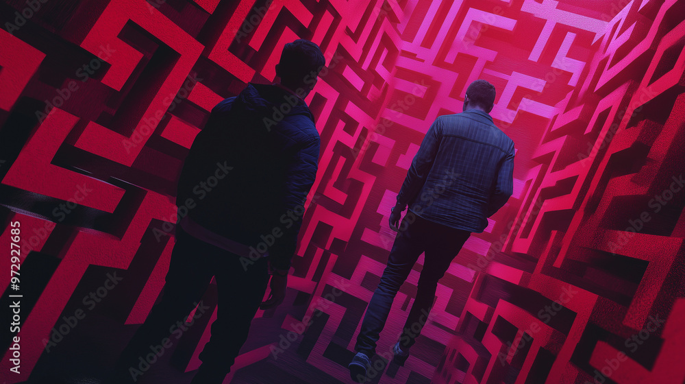 Aufkleber a mentor helping a mentee navigate through a digital maze, symbolizing overcoming career obstacles a