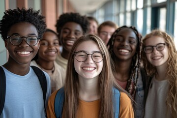 Group of diverse high school students smiles together in a bright hallway during a sunny afternoon after classes