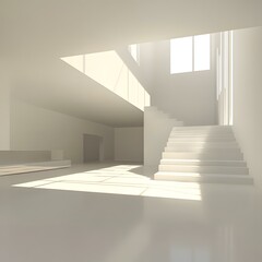Fototapeta premium Minimalist White Interior with Stairs and Sunbeams