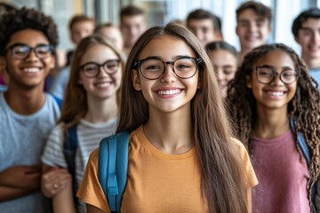 Fototapeta premium Group of diverse high school students smiles together in a bright hallway during a sunny afternoon after classes