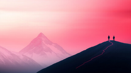 A mentor and mentee standing at the base of a mountain, with a path leading upwards marked with career milestones, symbolizing the climb towards career success.