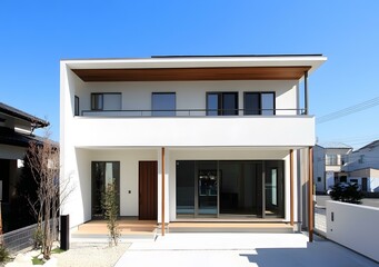 Modern Two Story White House with Wooden Accents