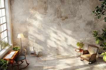 Minimal modern office interior with vintage desk, small table lamp, white walls, textured plaster wall, and floor vases creating a serene work atmosphere.