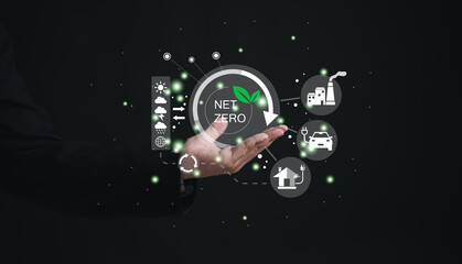 hand presents infographic, showcasing elements of net zero sustainability, clean energy innovations, and eco-friendly practices across diverse industries, driving a greener and more sustainable future