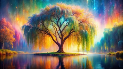 Dreamy multicolored art of a willow tree in a magical style, willow tree, multicolor, dreamy, magical, art, nature