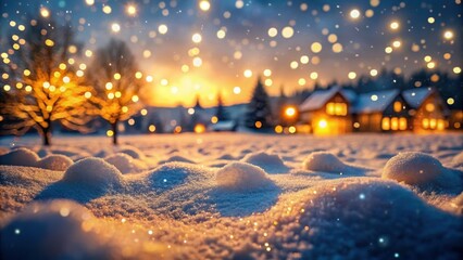 Fototapeta premium Snowing night outdoor on the field in town, warm light and bokeh flare, Snow, winter, night, outdoor, field, town