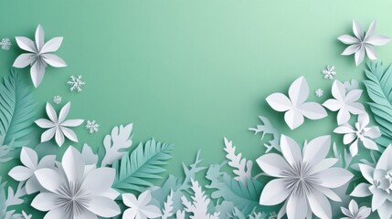 Winter Paper Cut White Blooming Flowers on green Background, Origami Art Craft Design, Decorative Floral Border for Holiday and Seasonal Themes.