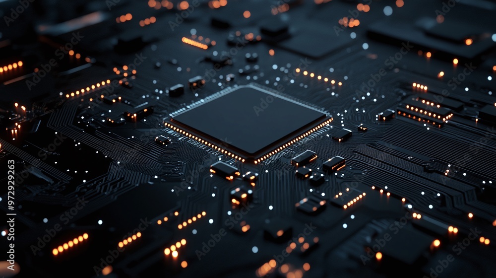 Poster modern and abstract portrayal of a chip circuit board in a high-tech digital format, emphasizing con