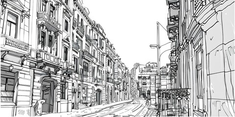 Black and White Hand Drawn Illustration of a Street in Europe