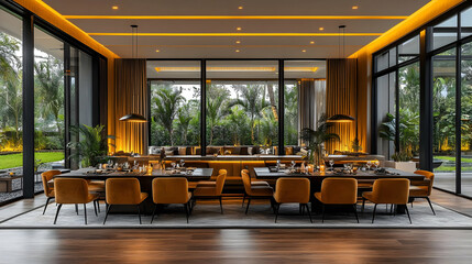 Modern dining area with elegant decor and large windows overlooking greenery.