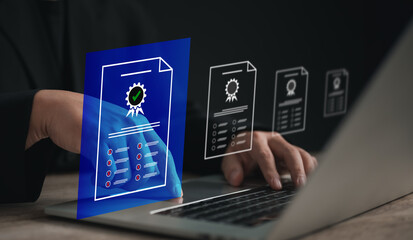 A hand interacts with a virtual digital document, displaying certifications and checklists, the secure handling of online paperwork and verification for efficiency and trust in digital transactions.