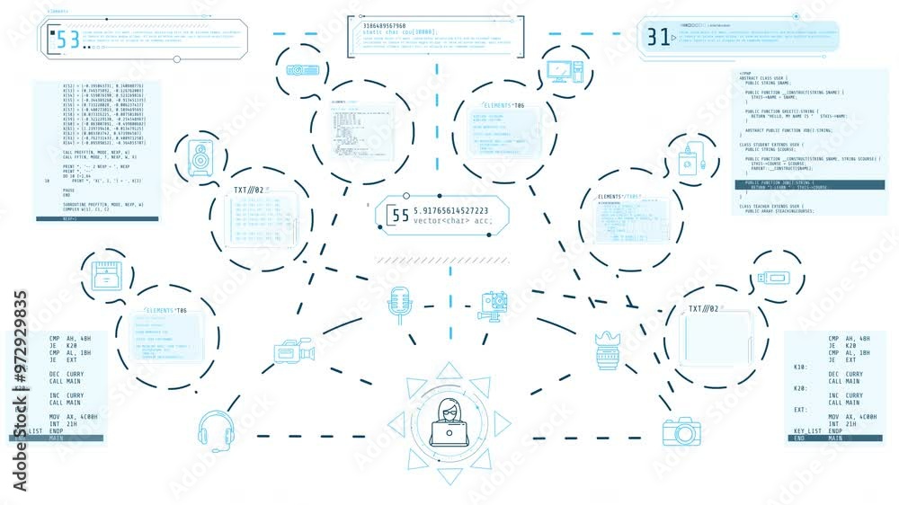 Poster infographics about modern devices and programming, animated on alpha channel.