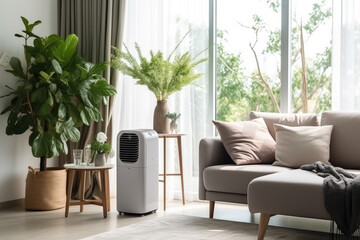 generated illustration of closeup a modern portable air conditioner in house living room