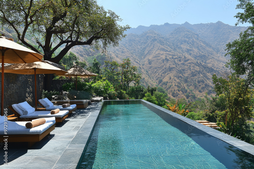 Poster a pool with a view of mountains and trees