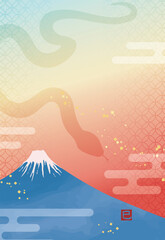富士山とヘビのシルエットの年賀状テンプレート（文字なし）