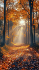 Fototapeta premium Autumn in the forest at dawn. 