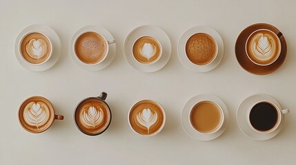 vibrant coffee cup collection presented from above on a white table, ideal for showcasing gourmet drinks and culinary style