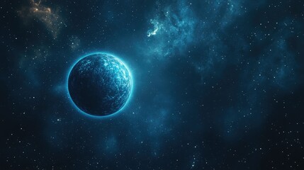 Obraz premium A blue planet with a bright, glowing surface is seen in the vast darkness of space. It is surrounded by a cloud of interstellar gas and many stars.