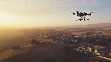 Aerial drone surveying rural landscape during golden hour over residential area in serene countryside setting