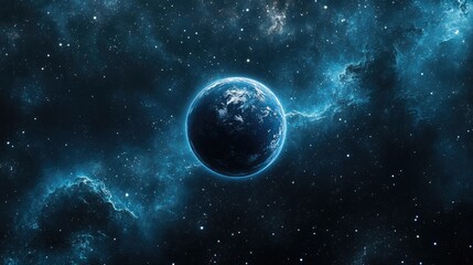 A blue planet, with white clouds and swirling blue nebula in the background, floats in space.