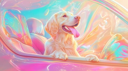 Obraz premium Golden retriever enjoying a colorful ride with its head out of the car window on a sunny day in a vibrant, dreamy environment