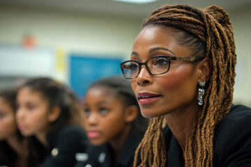 Obraz premium A woman with long hair and glasses is sitting in a classroom with other students
