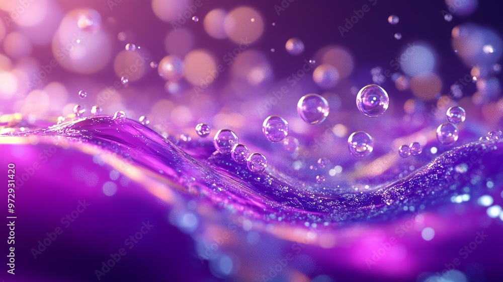 Poster artistic representation of iridescent bubbles in colorful purple liquid, creating an engaging 3d abs