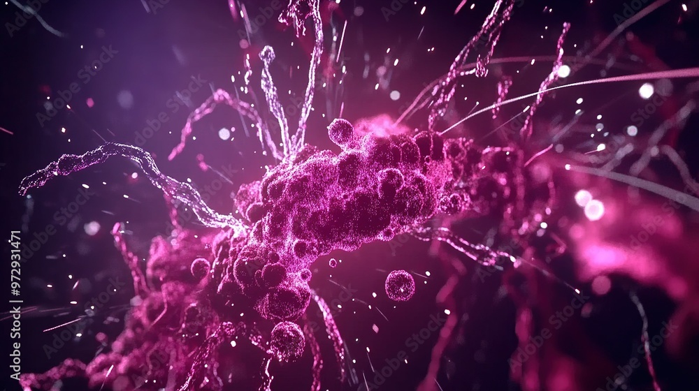 Poster microscopic view of vibrant pink bacteria in a dark setting, showcasing intricate structures and mov