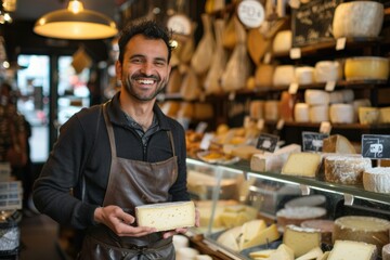 Trendy young cheese seller, 30, presenting various cheeses in a European shop.