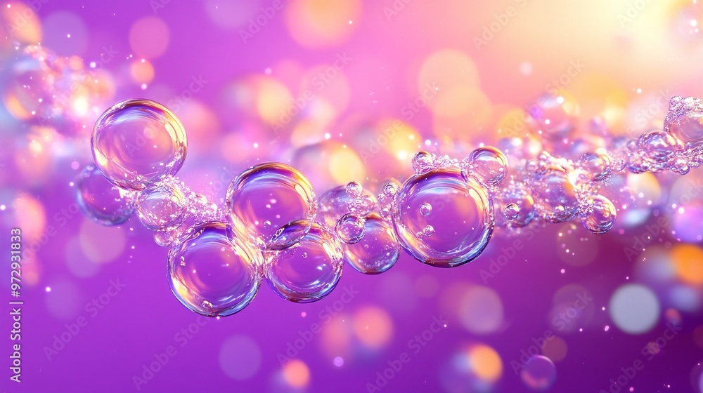 Poster dynamic and colorful 3d abstract background featuring iridescent bubbles in purple liquid, embodying