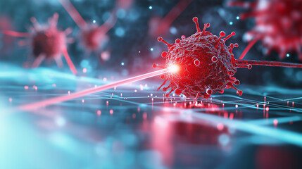 Fototapeta premium A detailed visualization of laser therapy, with a focused laser beam targeting a small cluster of cells, highlighting the precision and accuracy of the technology.